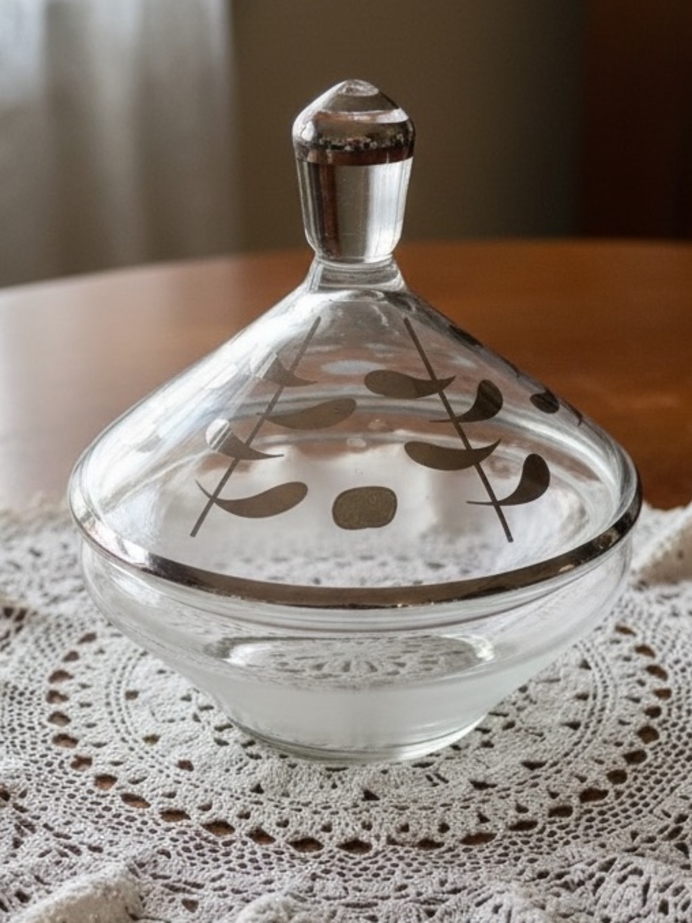 Vintage Clear Glass Lidded Candy Dish with Silver Leaf Motif